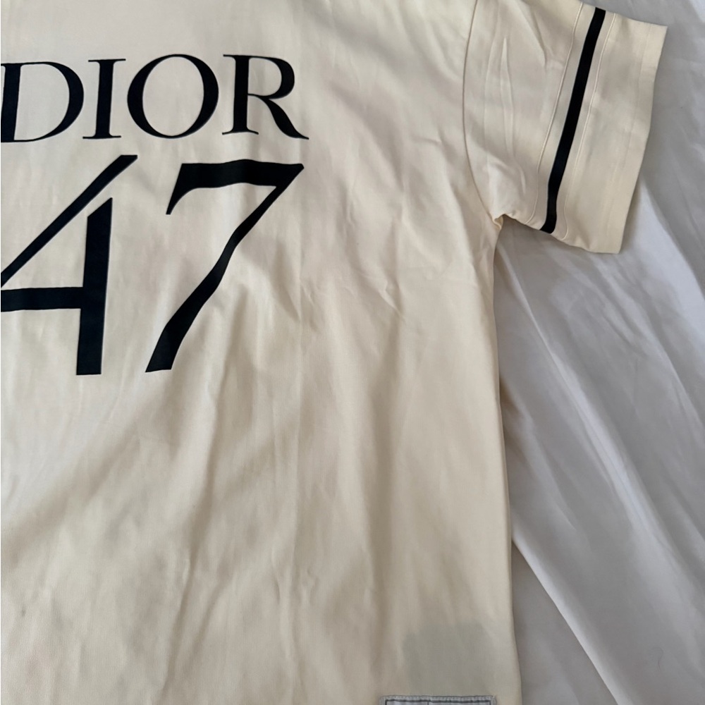 Dior Cream Short-Sleeve Logo Tee with Black Sleeve Stripe